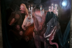 Das Fleisch auf dem Gabentisch der Macht, 120x100cm Ölgemälde 2024